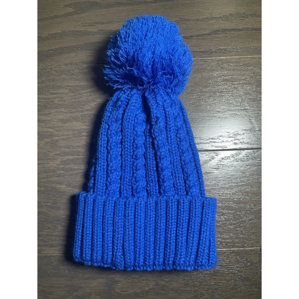 Zurich Beanie Bobble‎ Hat Blue Chunky Knit Made In Europe Wool Acrylic Blend